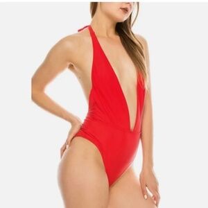 Kendall & Kylie Red Plunge Halter One Piece Swim